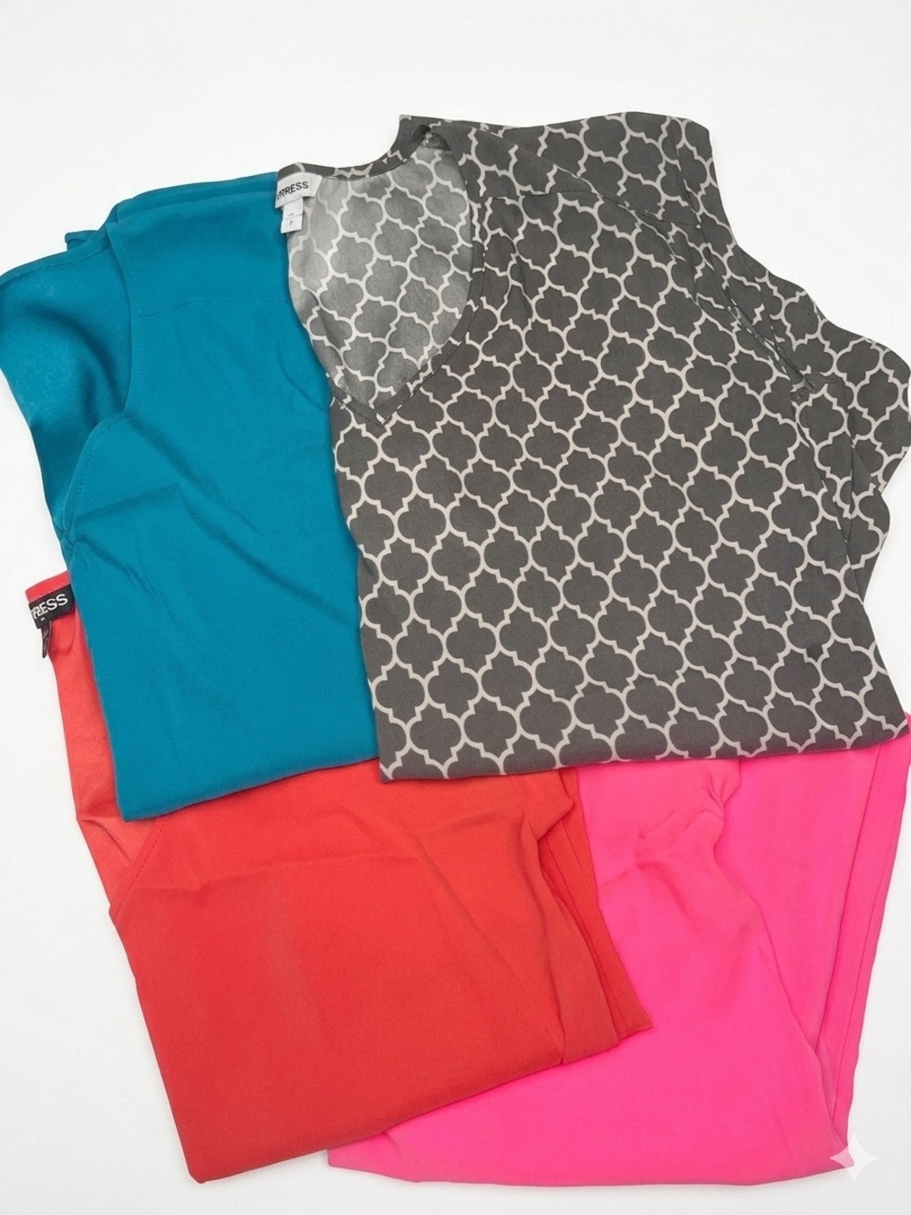 5 Express business casual tops  - Teal, Charcoal Pattern, Red, Hot Pink, black